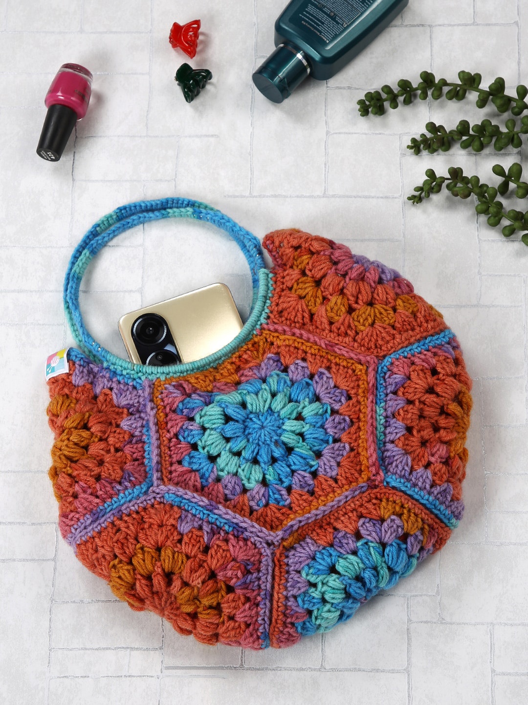 

Magic Needles Self Design Hexagon Handheld Bag, Blue