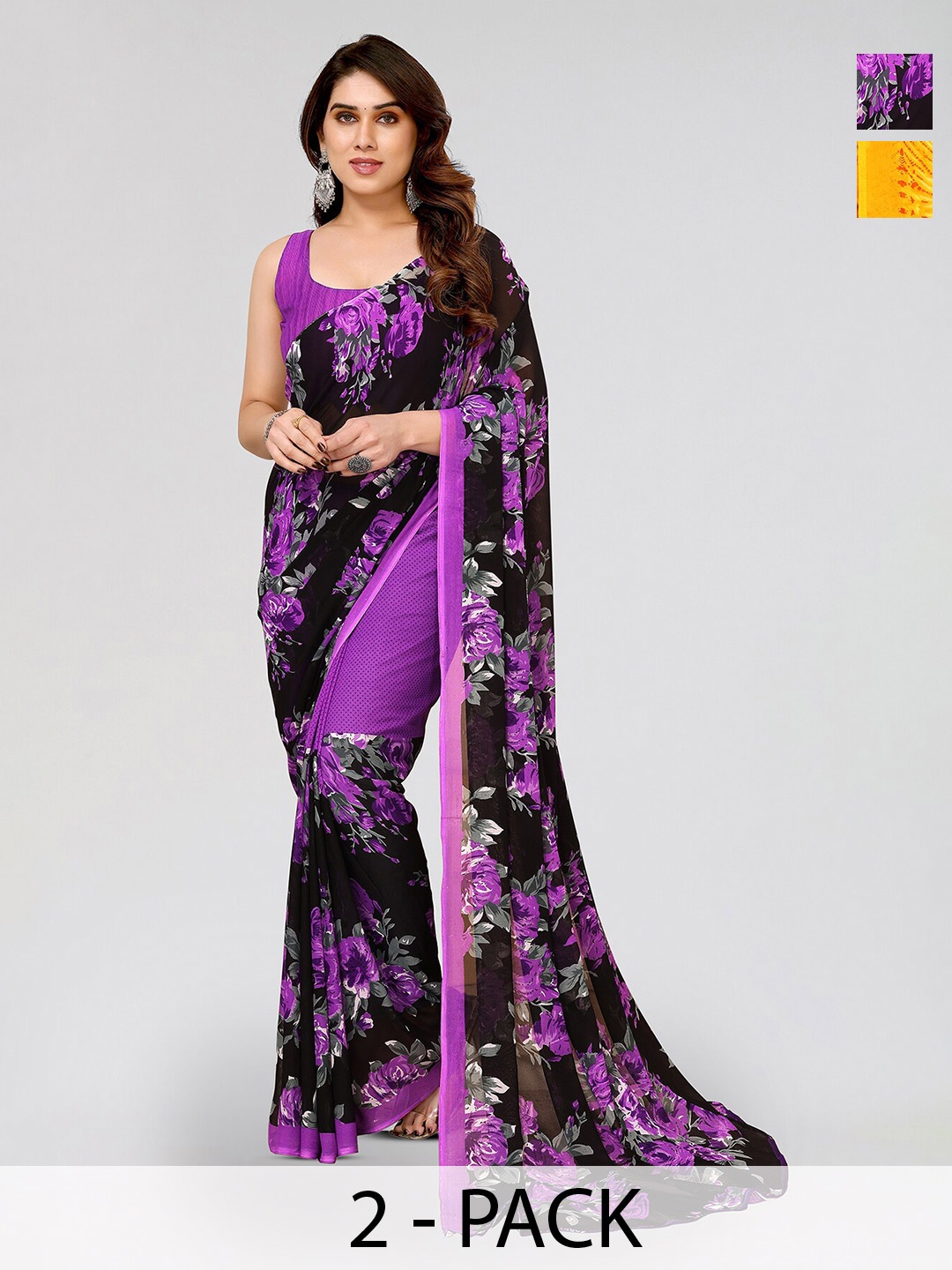 

ANAND SAREES Selection of 2 Floral Printed Sarees, Purple