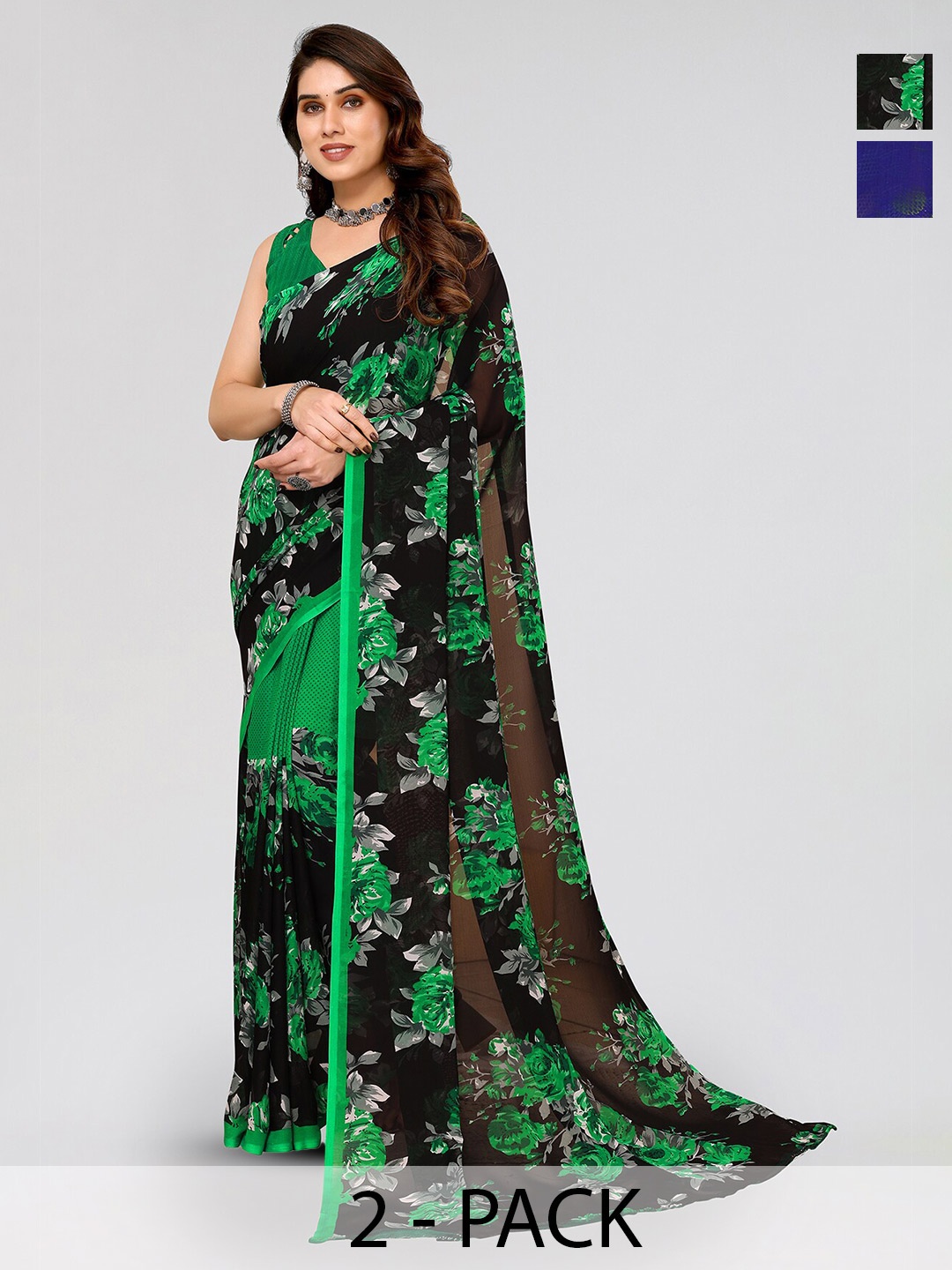 

ANAND SAREES Selection Of 2 Floral Printed Saree, Green