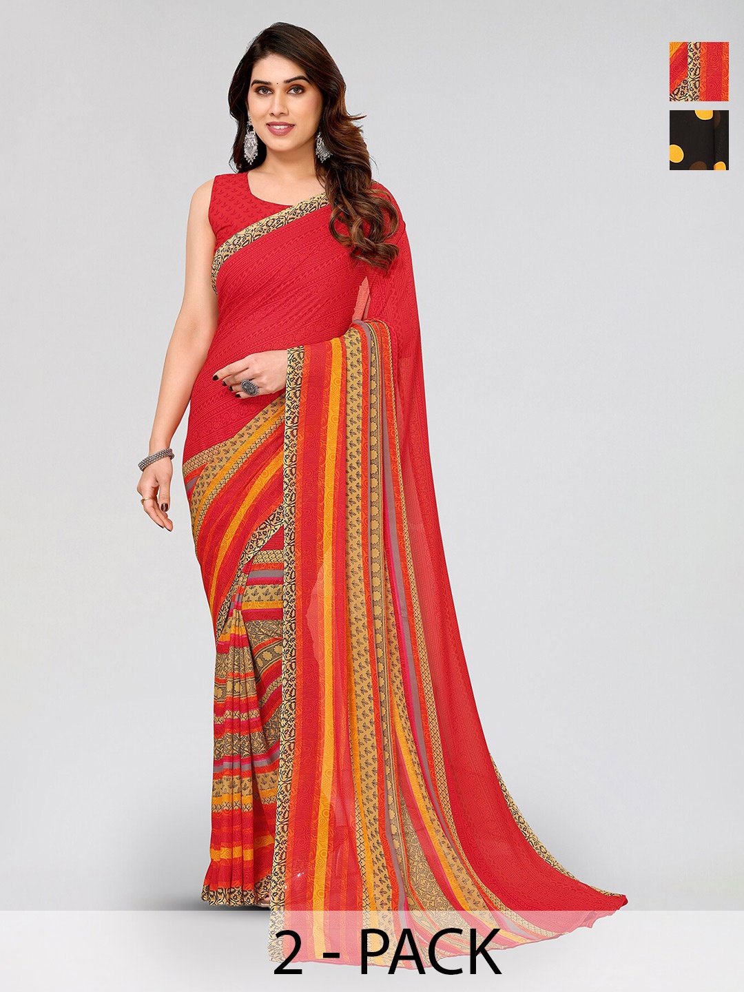 

ANAND SAREES Selection Of 2 Floral Printed Sarees, Red