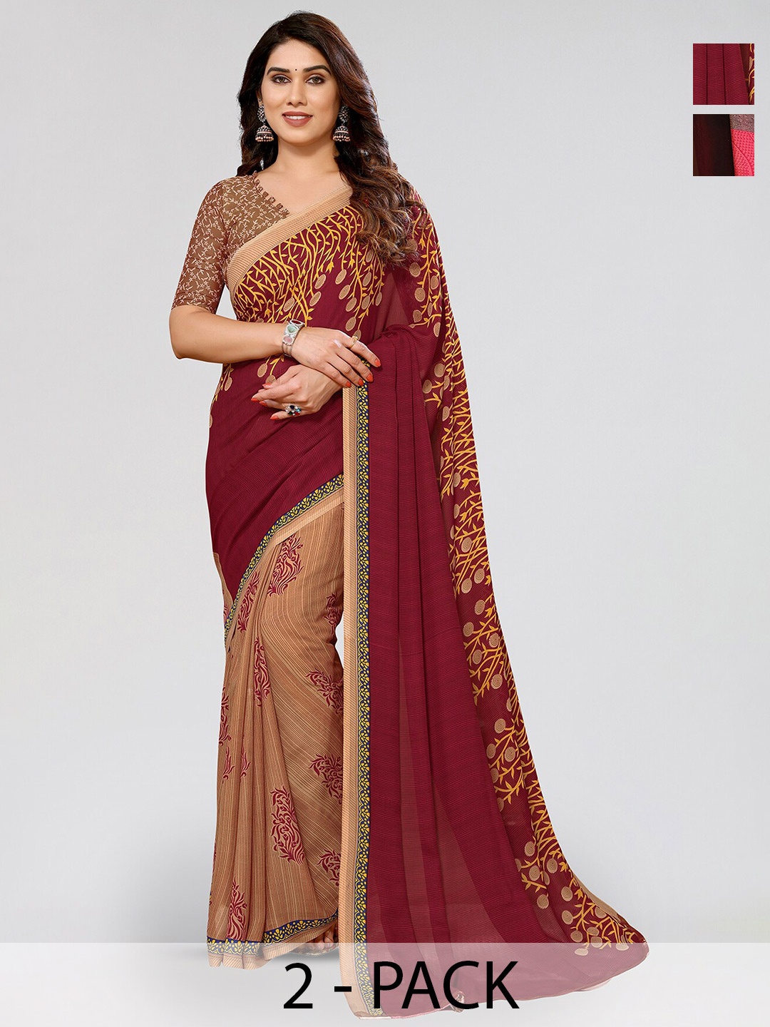 

ANAND SAREES Selection Of 2 Floral Printed Sarees, Brown