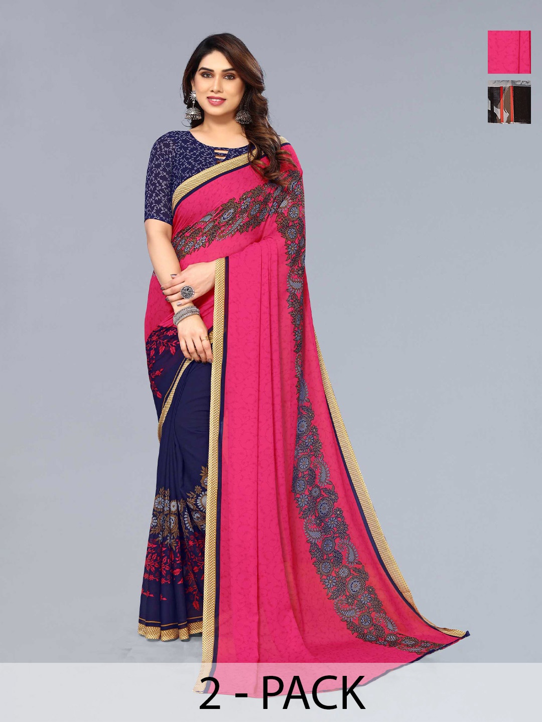 

ANAND SAREES Selection Of 2 Floral Printed Sarees, Grey