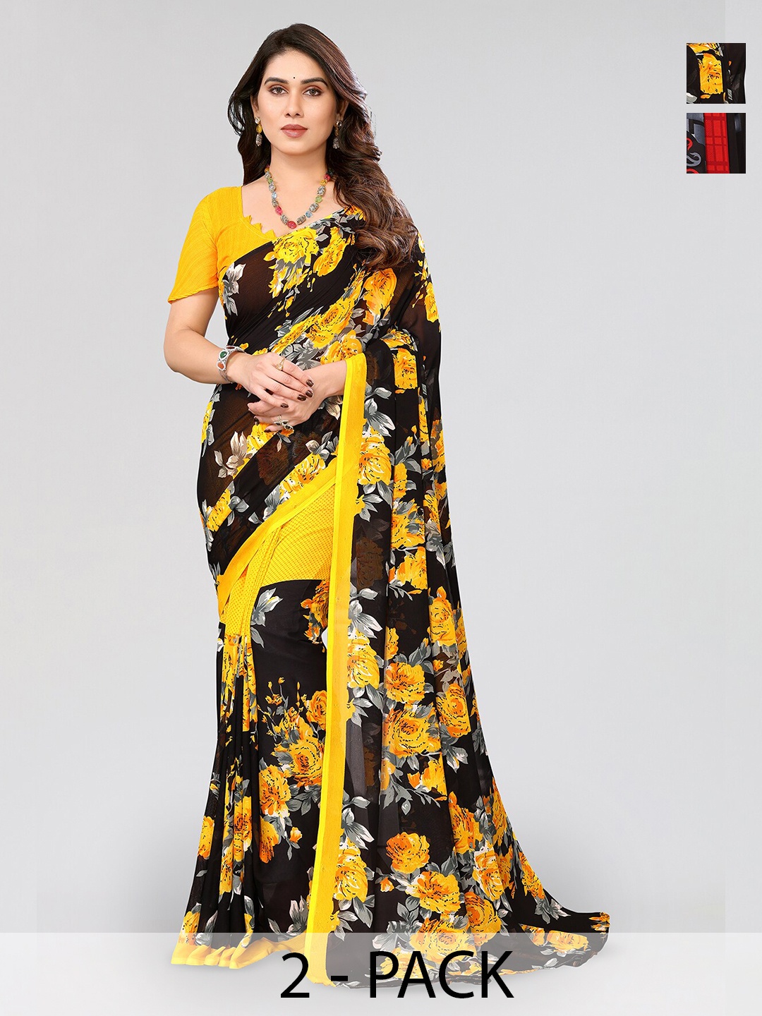 

ANAND SAREES Selection of 2 Floral Printed Sarees, Black