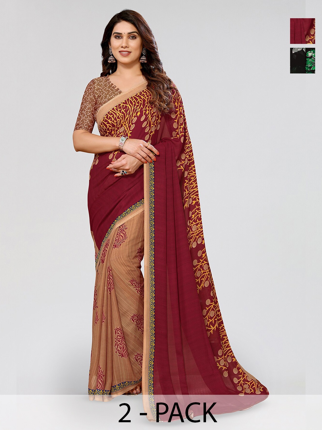 

ANAND SAREES Pack of 2 Floral Printed Saree, Maroon