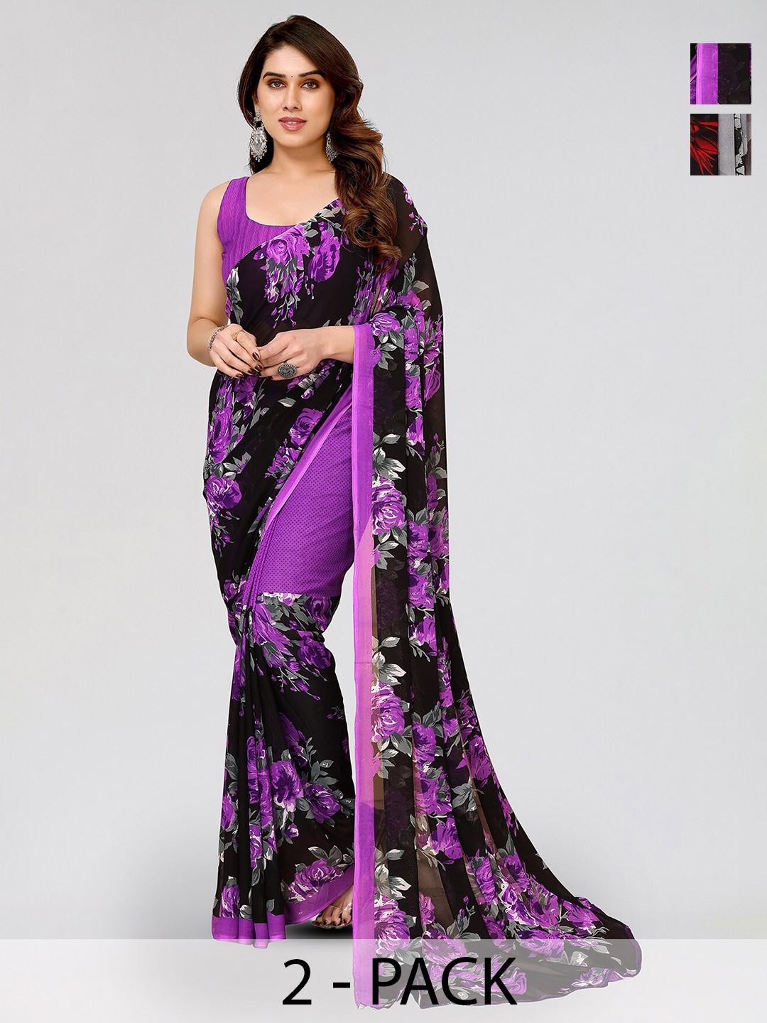 

ANAND SAREES Selection Of 2 Floral Printed Sarees, Purple
