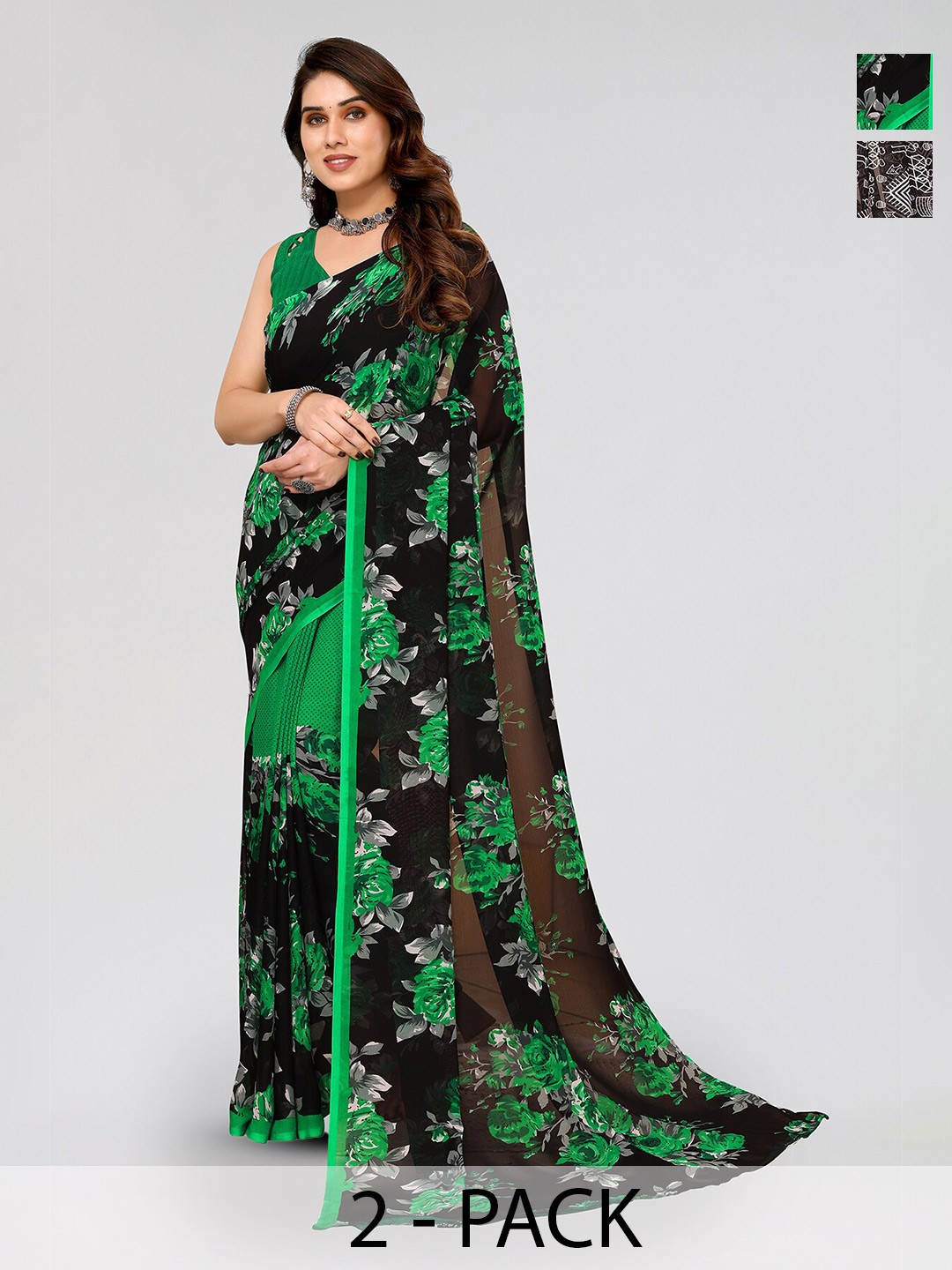 

ANAND SAREES Selection Of 2 Floral Printed Saree, Green