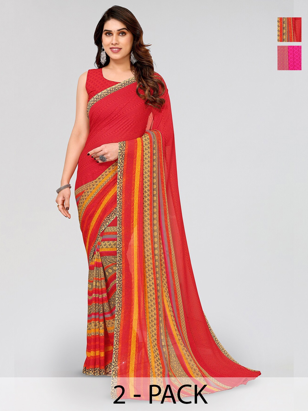 

ANAND SAREES Selection Of 2 Ethnic Motifs Printed Sarees, Red