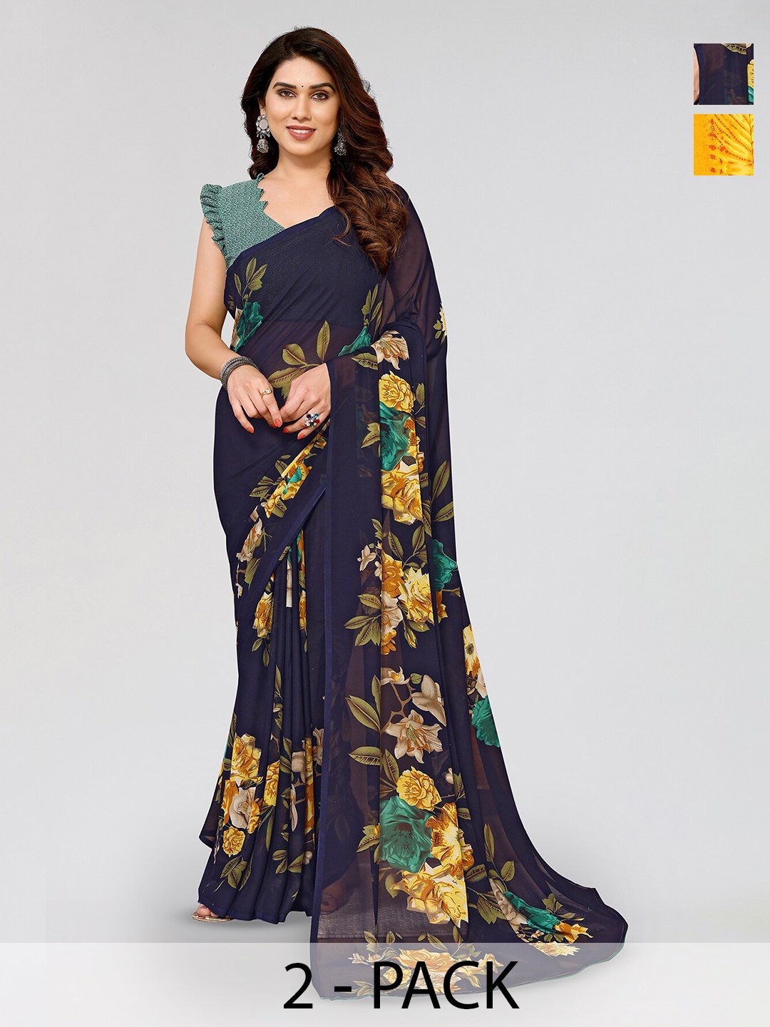 

ANAND SAREES Selection Of 2 Floral Printed Saree, Blue