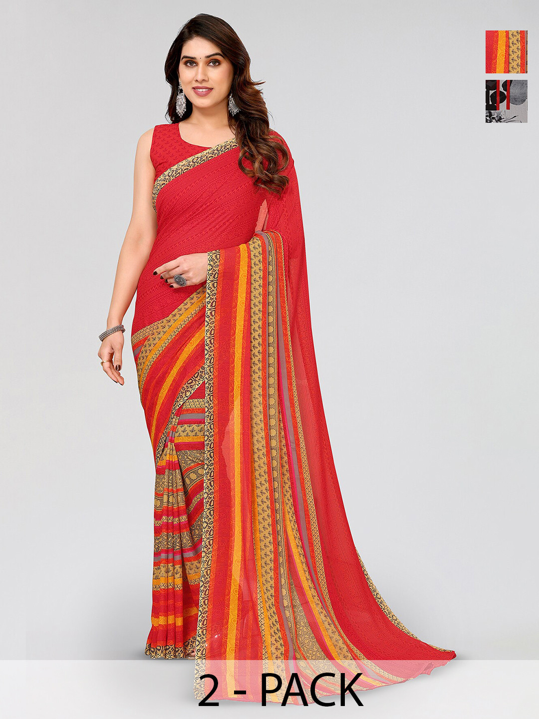 

ANAND SAREES Selection Of 2 Floral Printed Sarees, Red