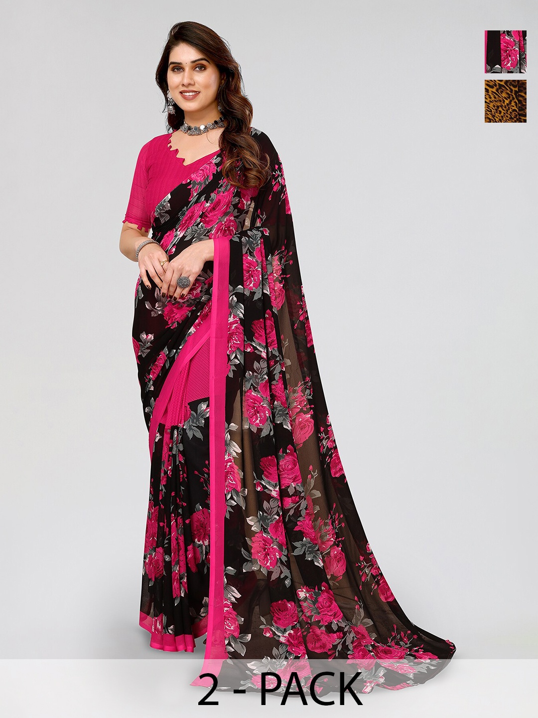 

ANAND SAREES Selection of 2 Floral Printed Sarees, Pink