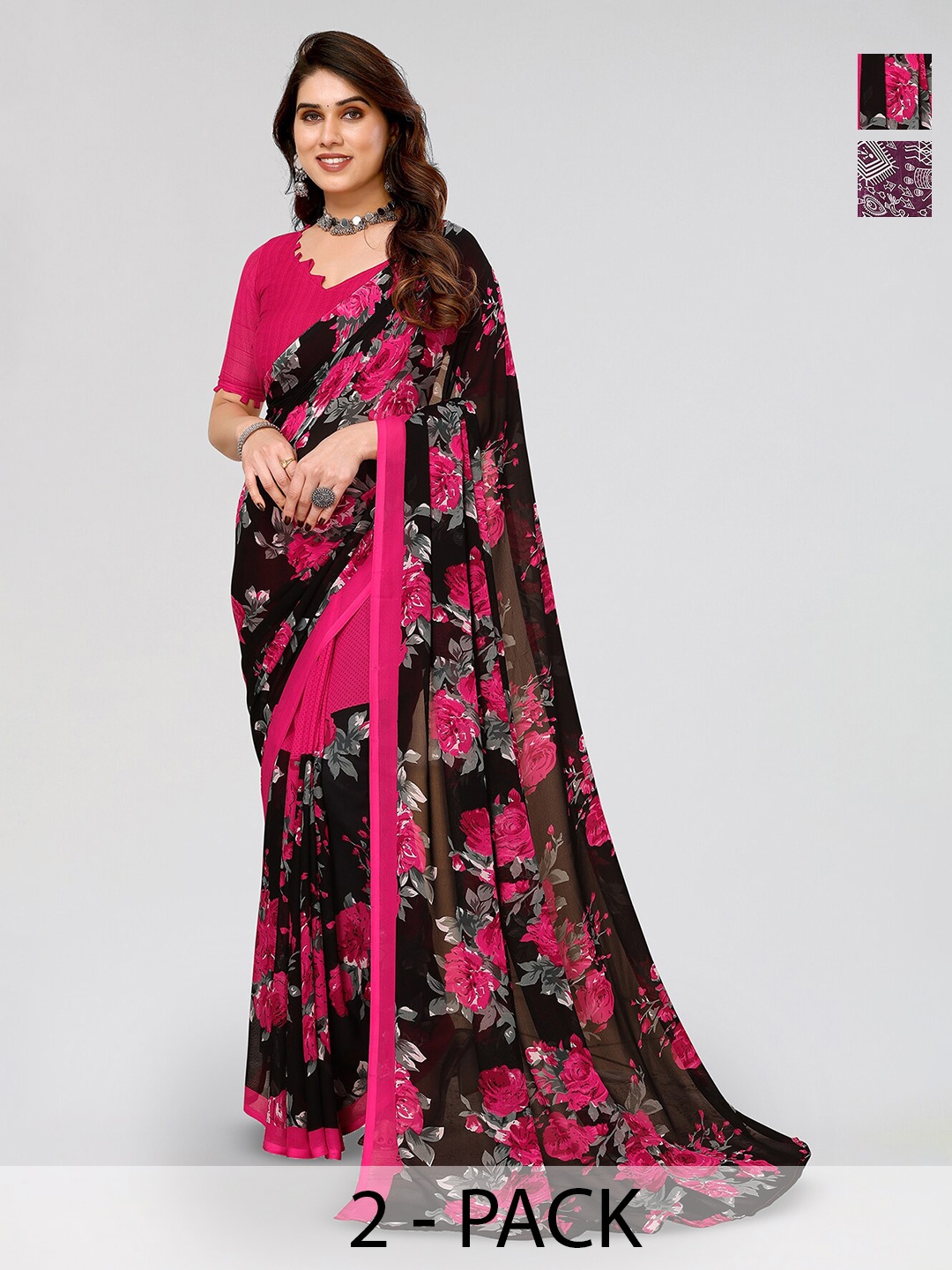 

ANAND SAREES Selection Of 2 Warli Printed Georgette Saree, Purple
