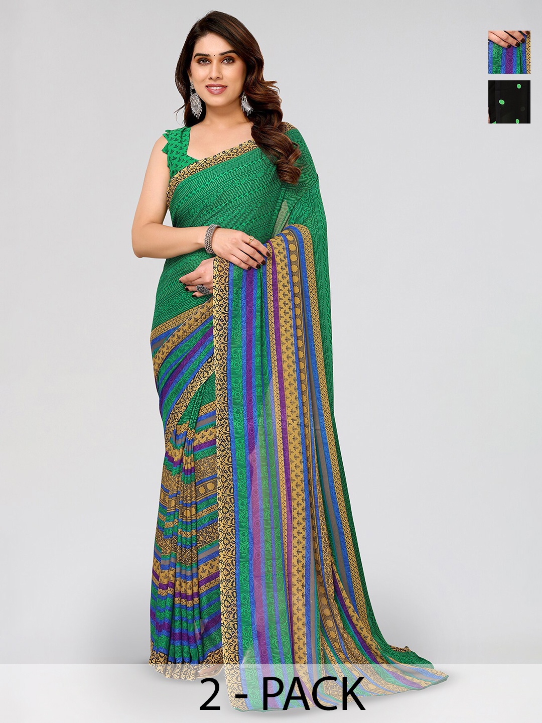 

ANAND SAREES Selection Of 2 Polka Dot Printed Georgette Saree, Green