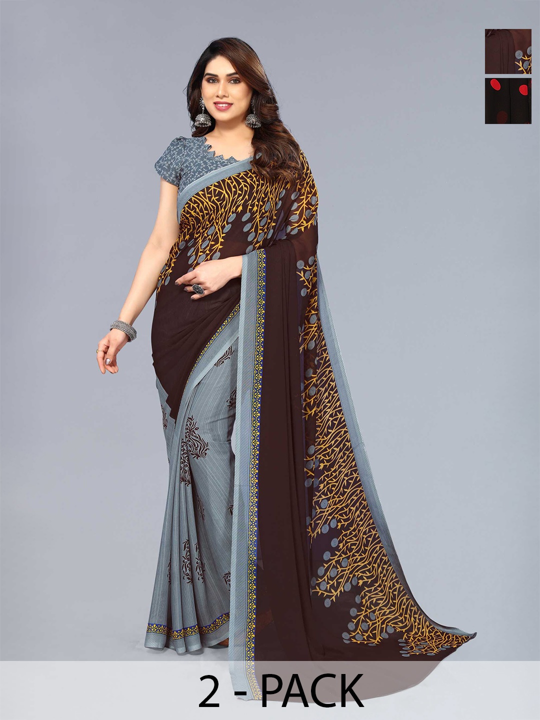 

ANAND SAREES Selection Of 2 Printed Saree, Brown