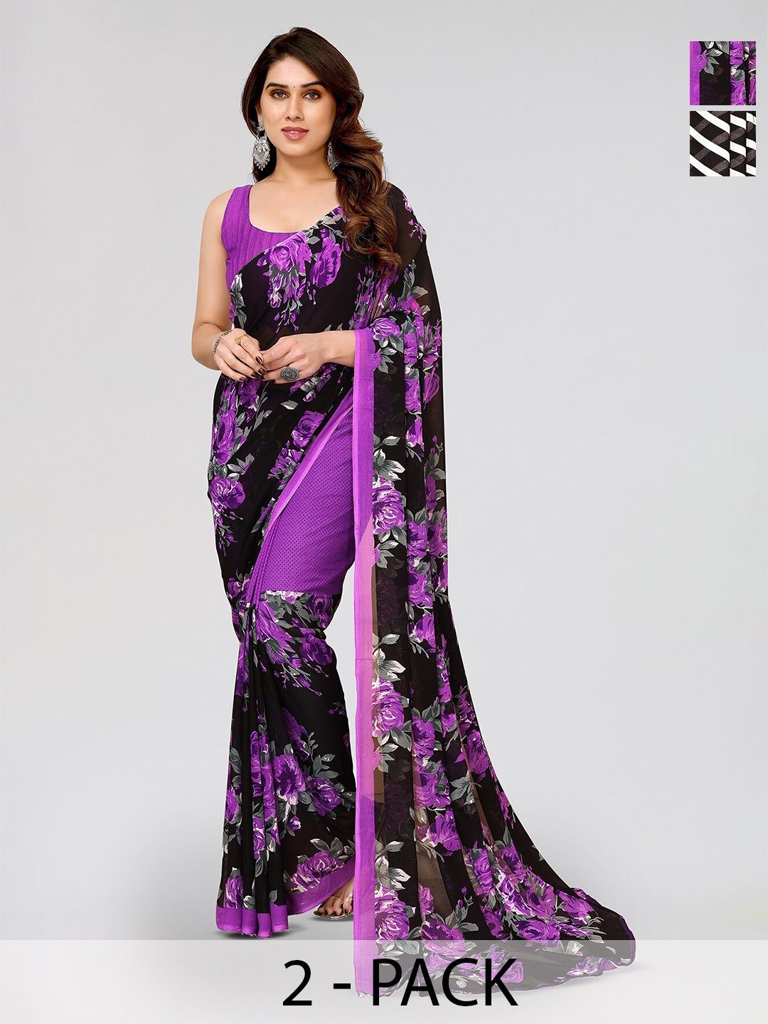 

ANAND SAREES Selection Of 2 Striped Printed Saree, Black