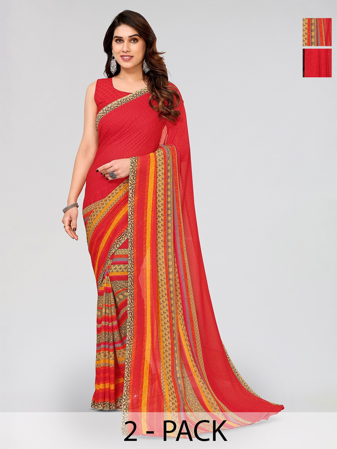 

ANAND SAREES Selection Of 2 Floral Printed Sarees, Red