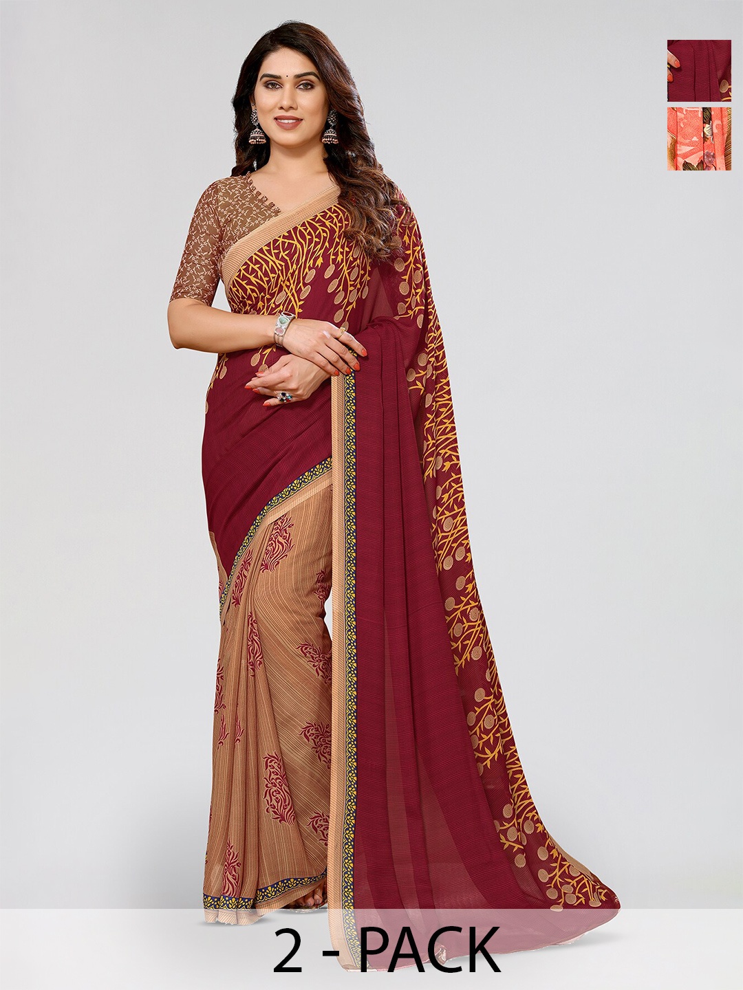 

ANAND SAREES Selection Of 2 Floral Printed Sarees, Maroon