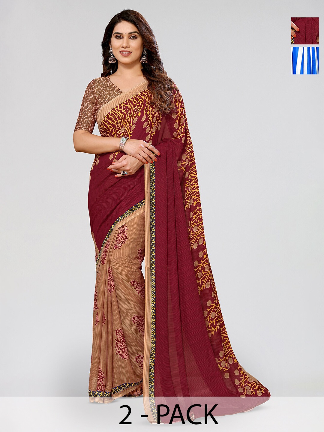 

ANAND SAREES Selection Of 2 Floral Printed Sarees, White