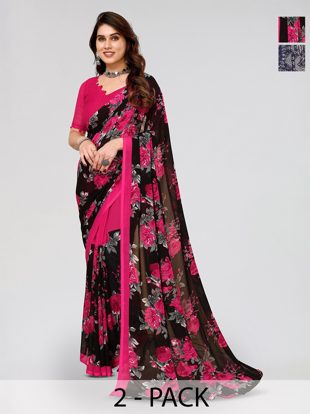 

ANAND SAREES Selection of 2 Floral Saree, Black
