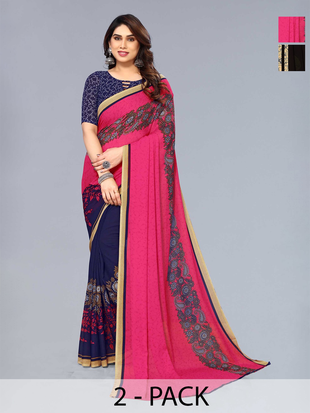 

ANAND SAREES Selection of 2 Floral Printed Saree, Blue