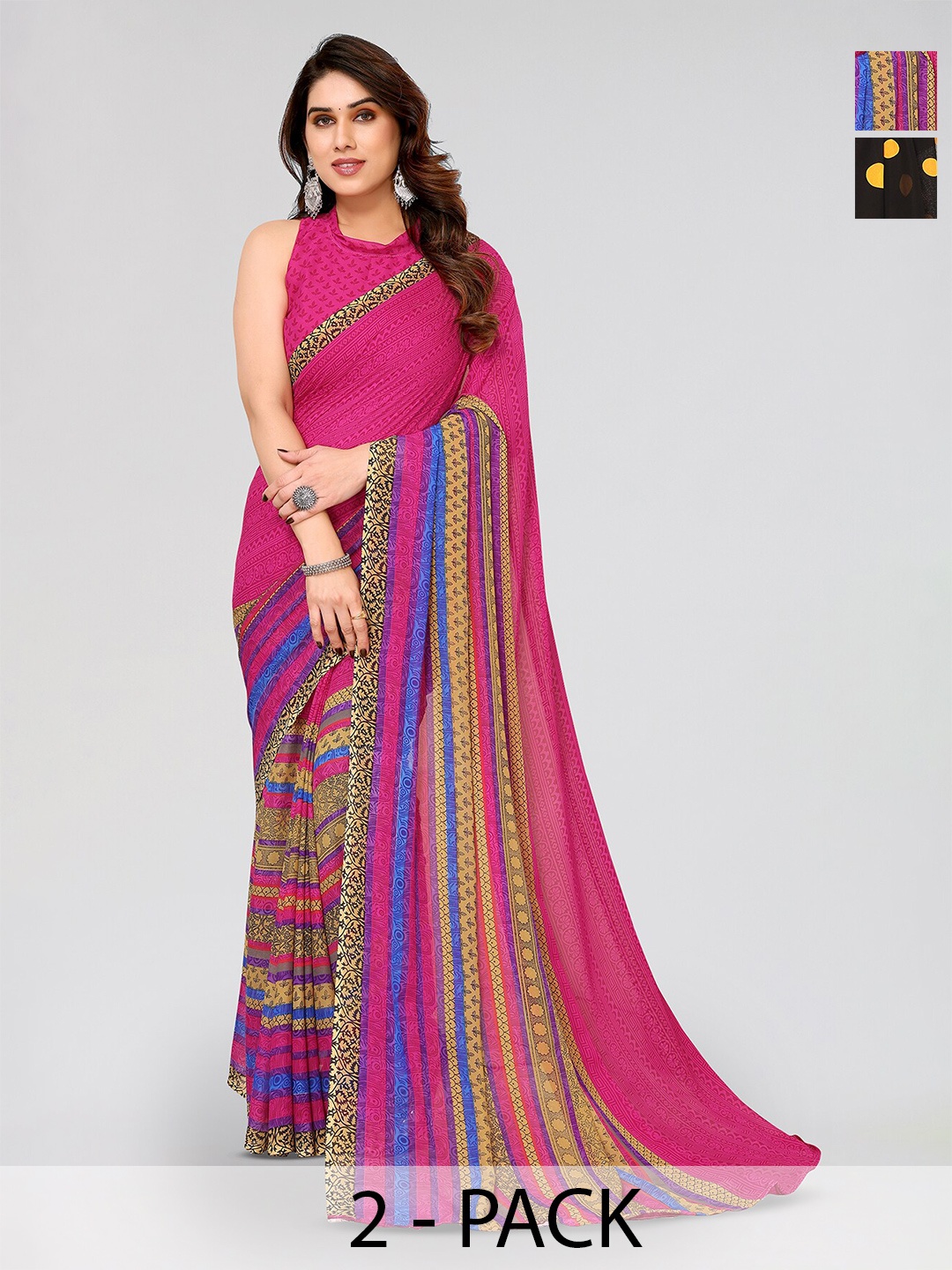 

ANAND SAREES Selection Of 2 Striped Printed Georgette Saree, Pink