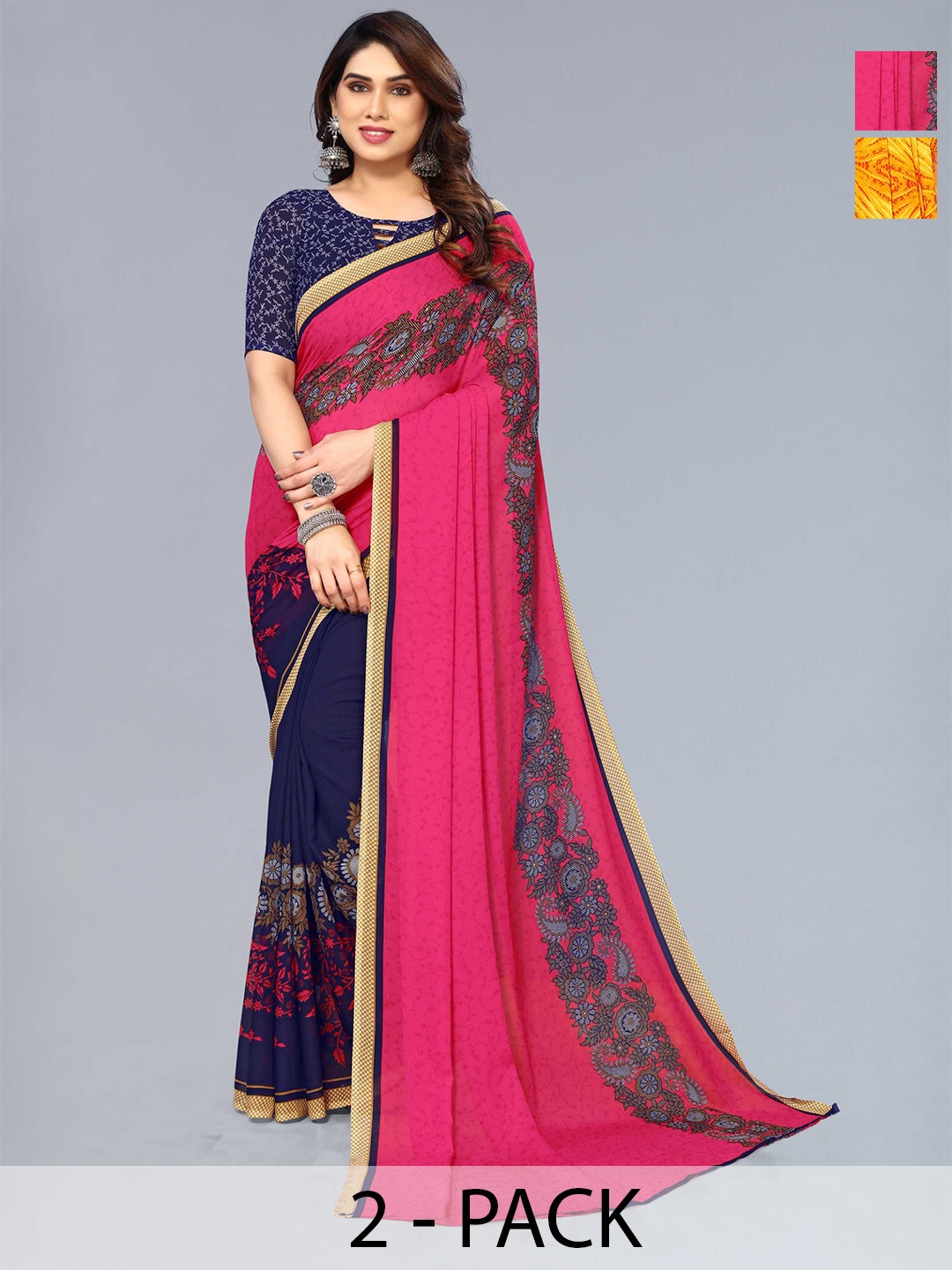 

ANAND SAREES Selection Of 2 Floral Sarees, Yellow