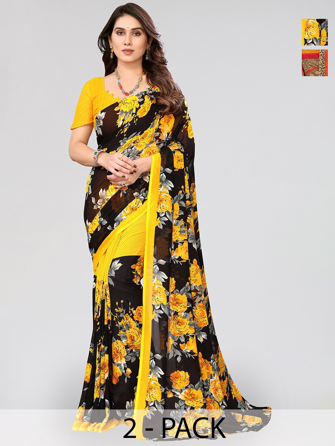 

ANAND SAREES Selection Of 2 Floral Printed Sarees, Yellow