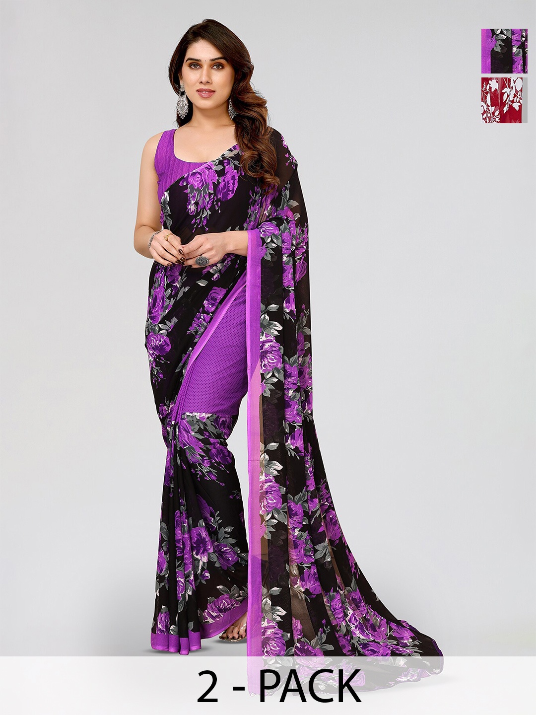 

ANAND SAREES Selection Of 2 Floral Printed Saree, Purple