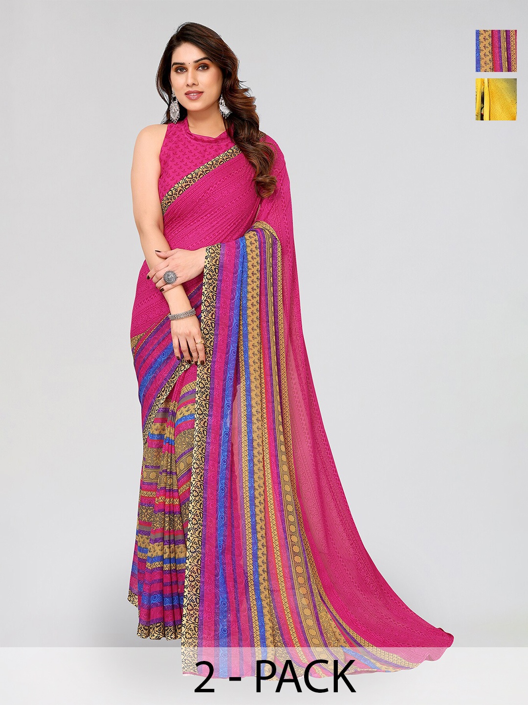 

ANAND SAREES Selection Of 2 Floral Printed Sarees, Pink