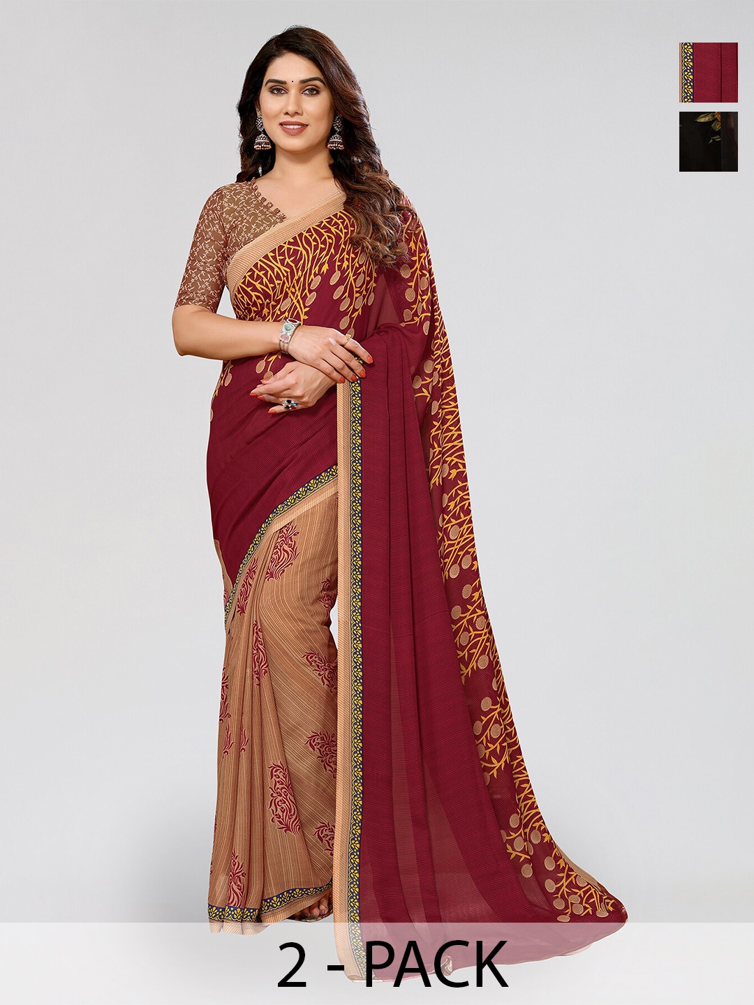 

ANAND SAREES Selection of 2 Floral Printed Sarees, Black