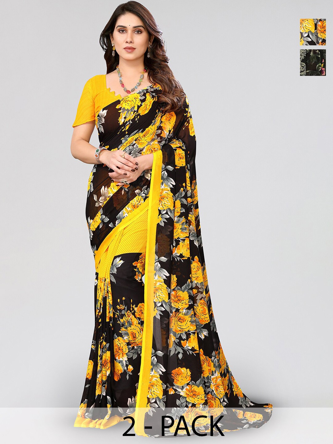 

ANAND SAREES Selection Of 2 Floral Printed Georgette Saree, Black