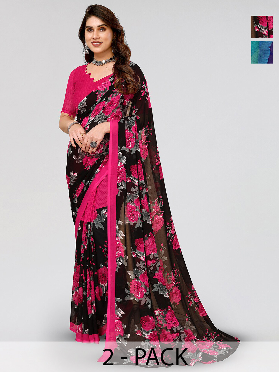 

ANAND SAREES Pack of 2 Floral Printed Saree, Black
