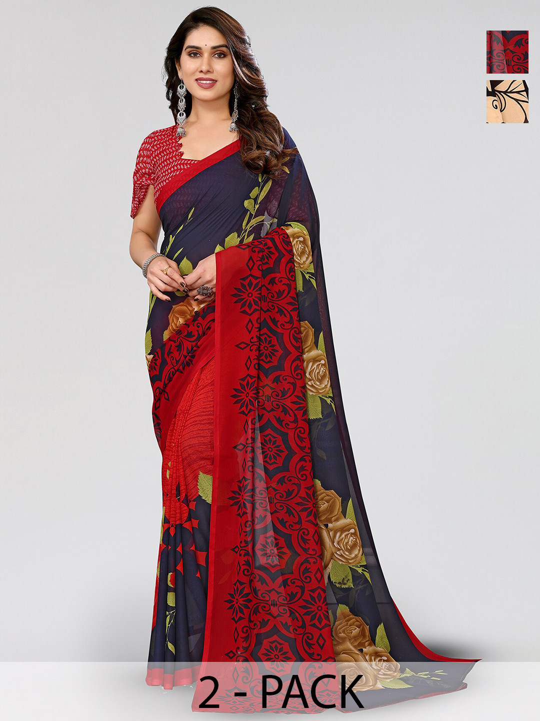 

ANAND SAREES Selection Of 2 Floral Printed Sarees, Navy blue
