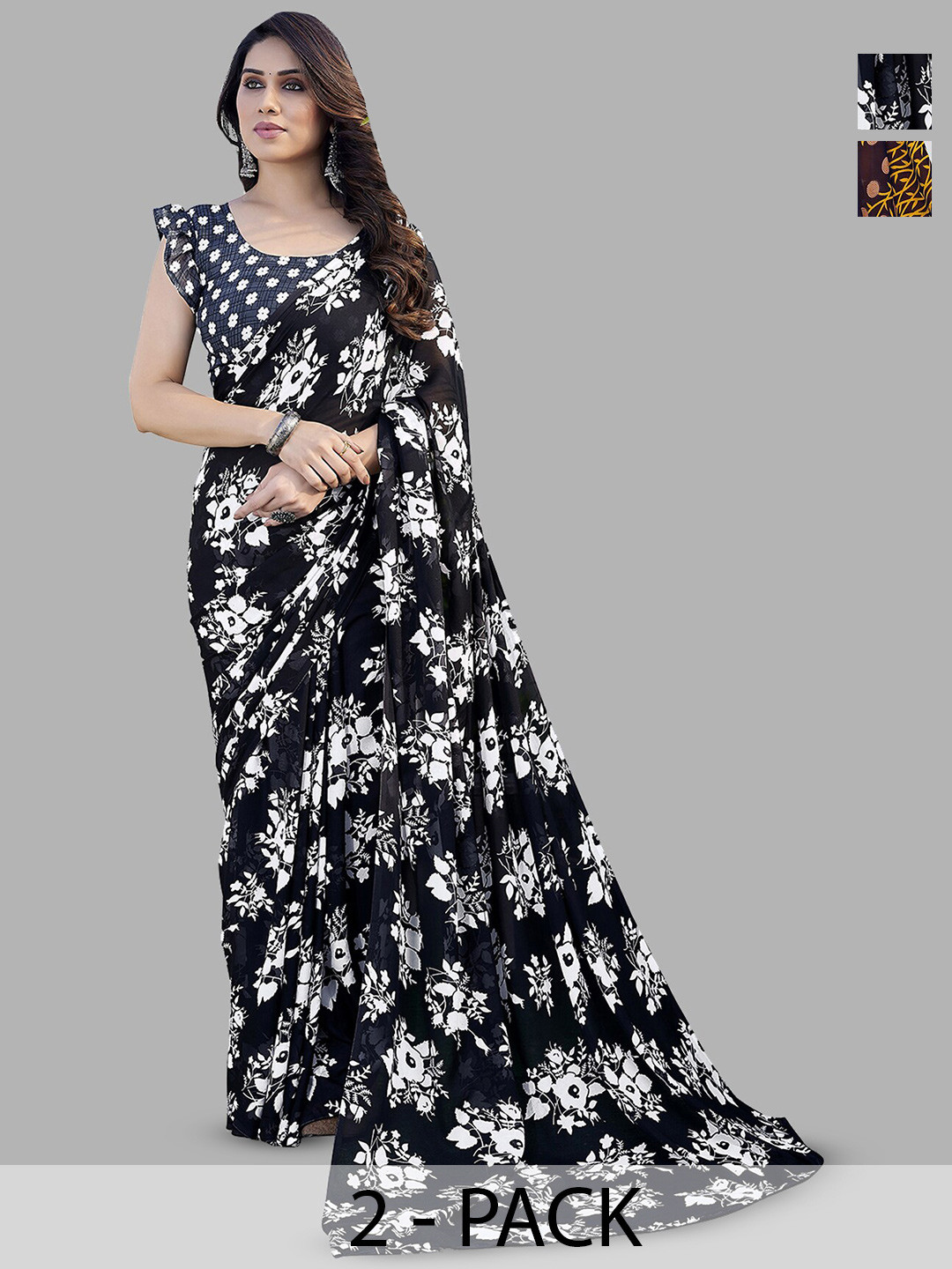 

ANAND SAREES Selection Of 2 Floral Printed Saree, Black