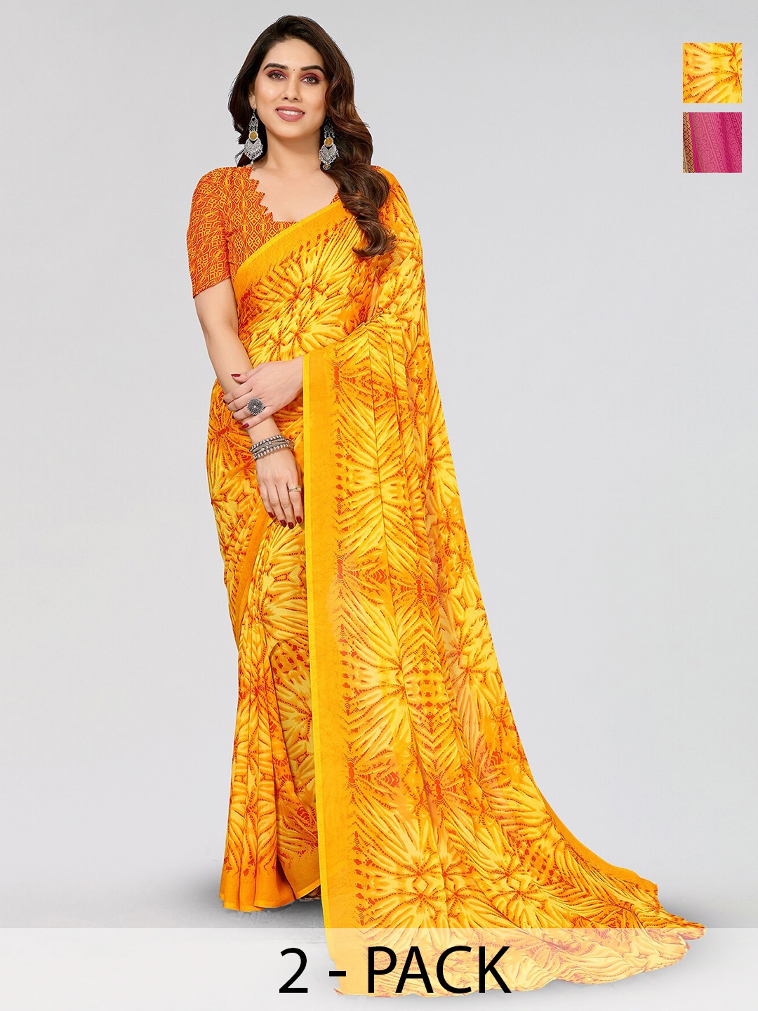 

ANAND SAREES Selection Of 2 Floral Printed Sarees, Yellow