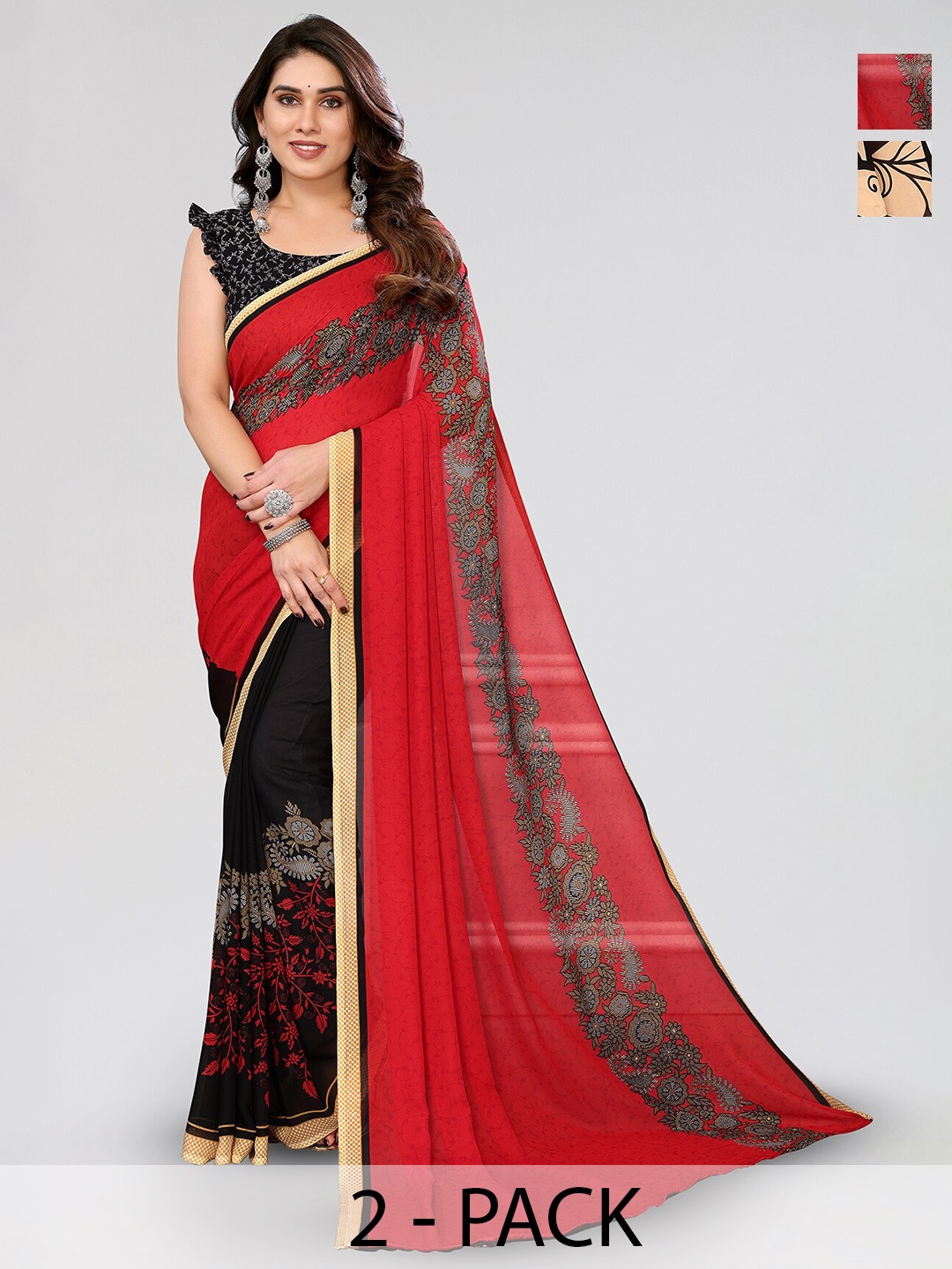 

ANAND SAREES Selection of 2 Floral Printed Saree, Black