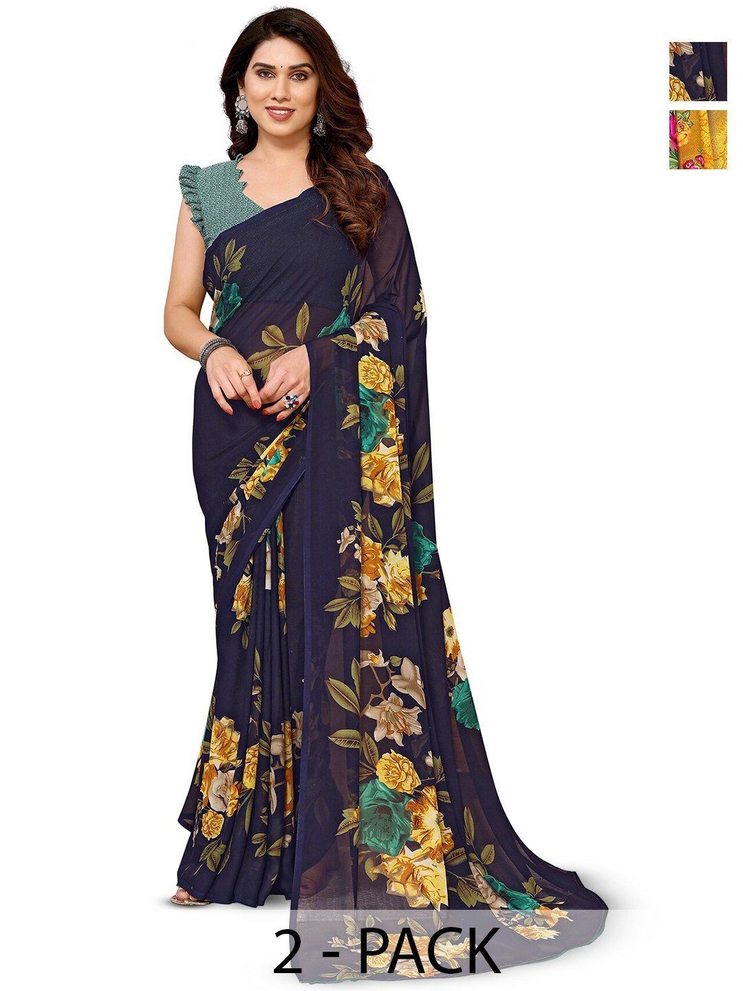 

ANAND SAREES Selection Of 2 Floral Printed Sarees, Navy blue