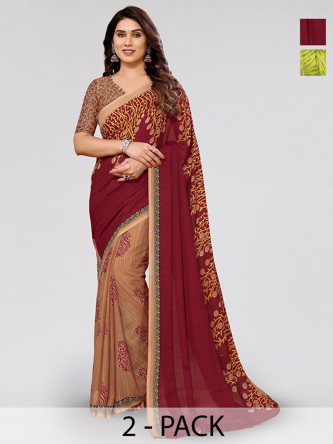 

ANAND SAREES Selection Of 2 Floral Printed Sarees, Maroon