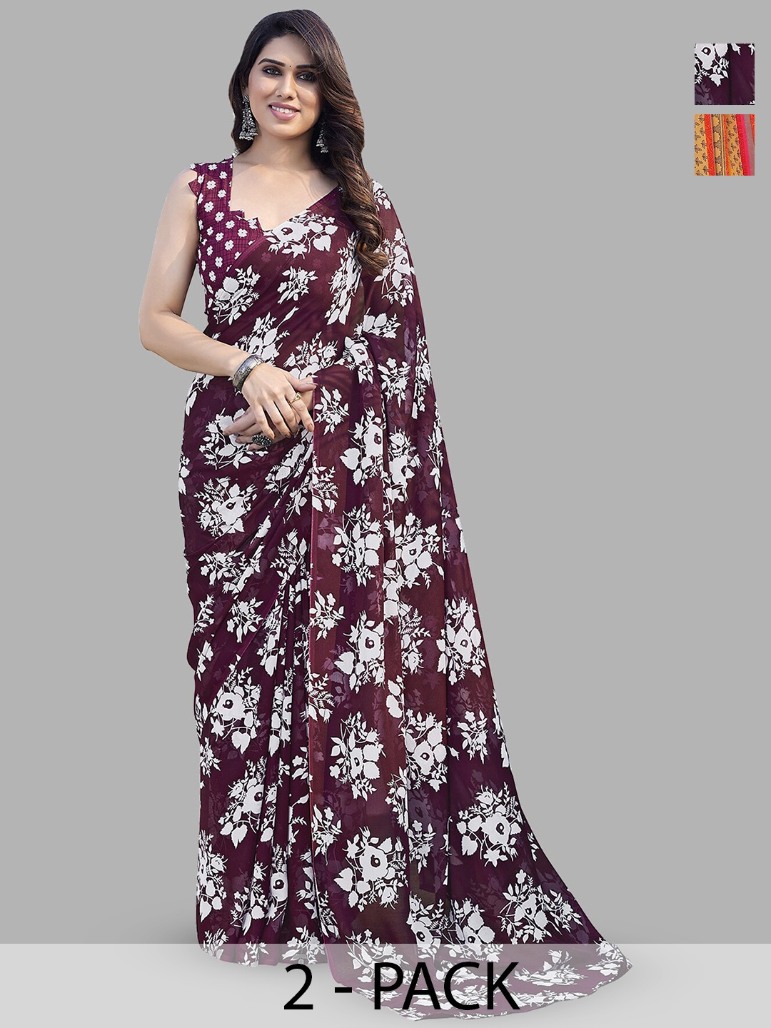 

ANAND SAREES Selection of 2 Floral Printed Sarees, Maroon