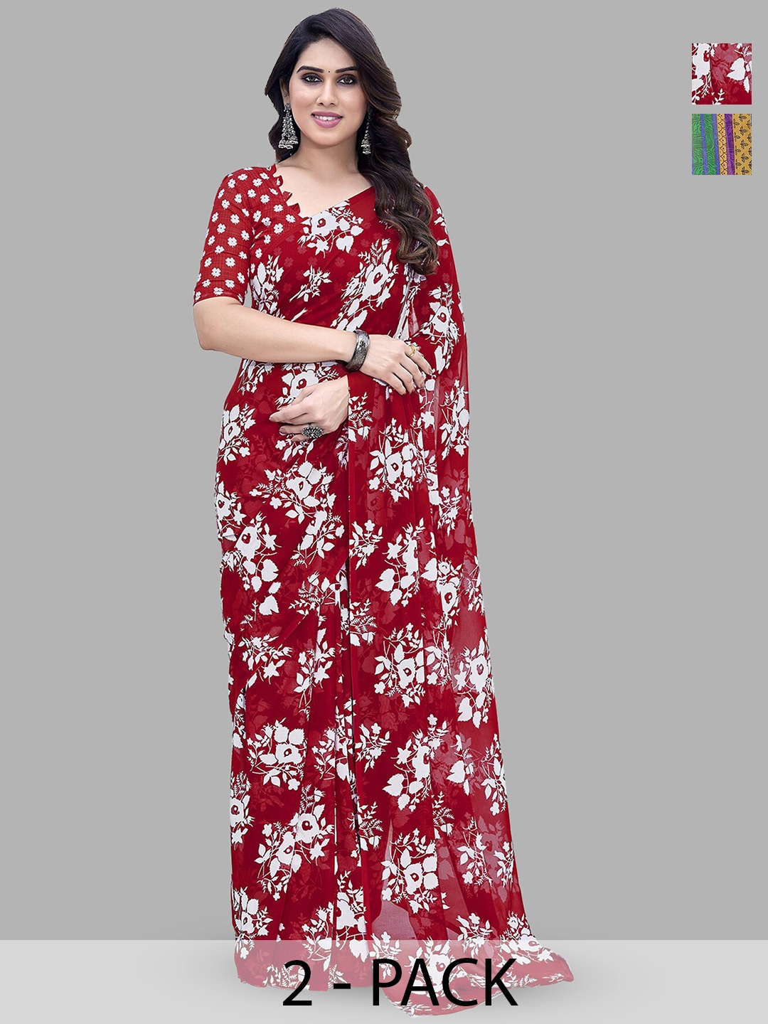 

ANAND SAREES Selection Of 2 Floral Printed Sarees, Red