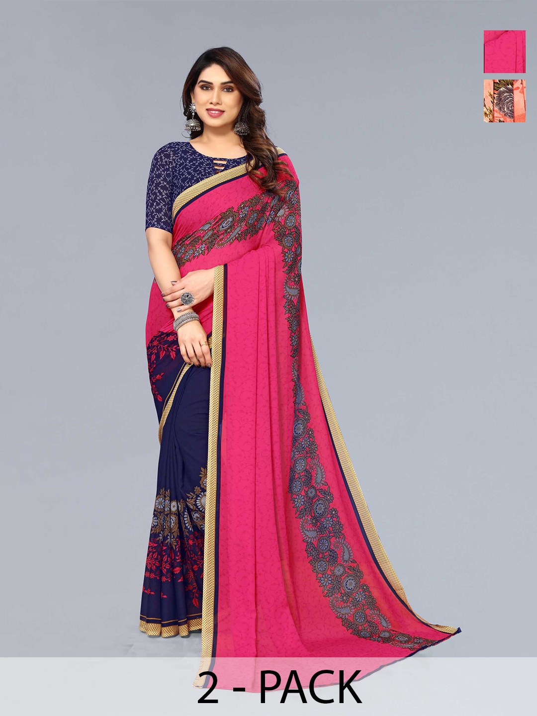 

ANAND SAREES Selection Of 2 Floral Printed Georgette Saree, Pink