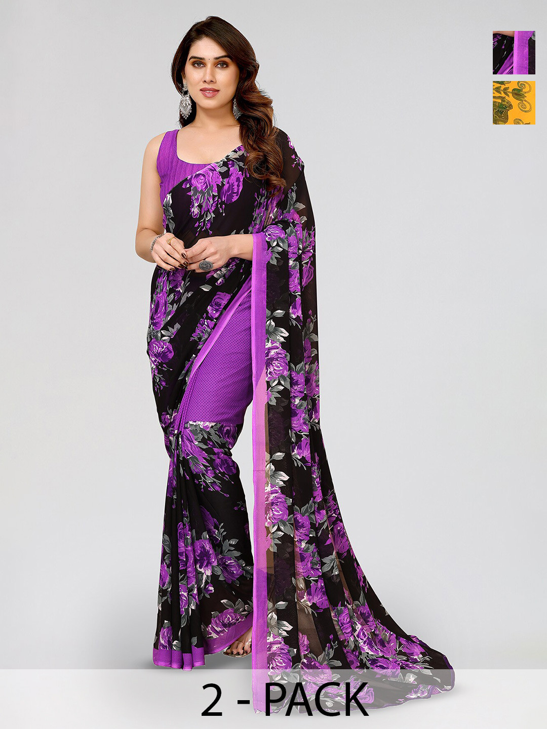 

ANAND SAREES Selection of 2 Floral Printed Saree, Purple