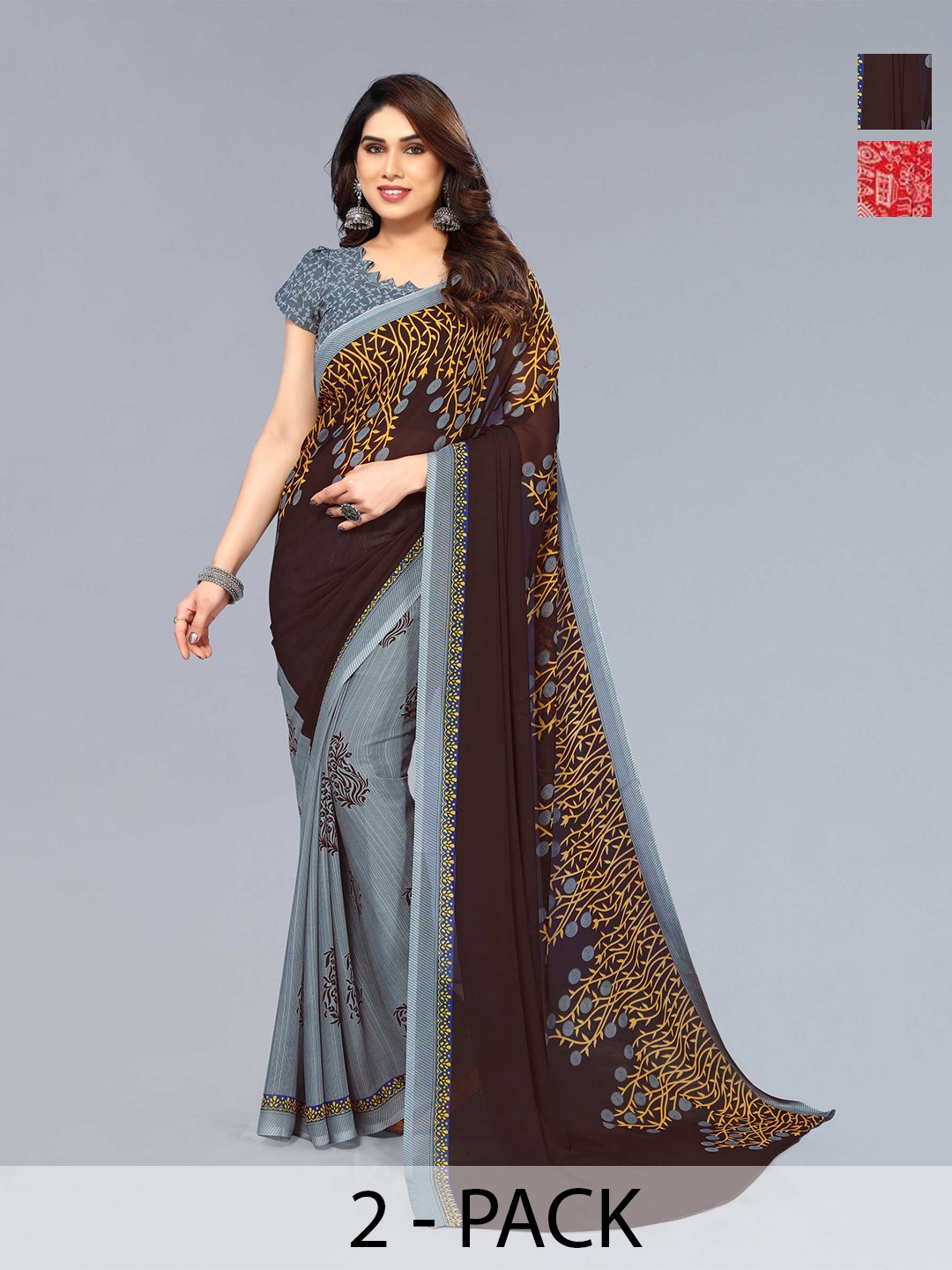 

ANAND SAREES Selection Of 2 Ethnic Motifs Printed Saree, Red