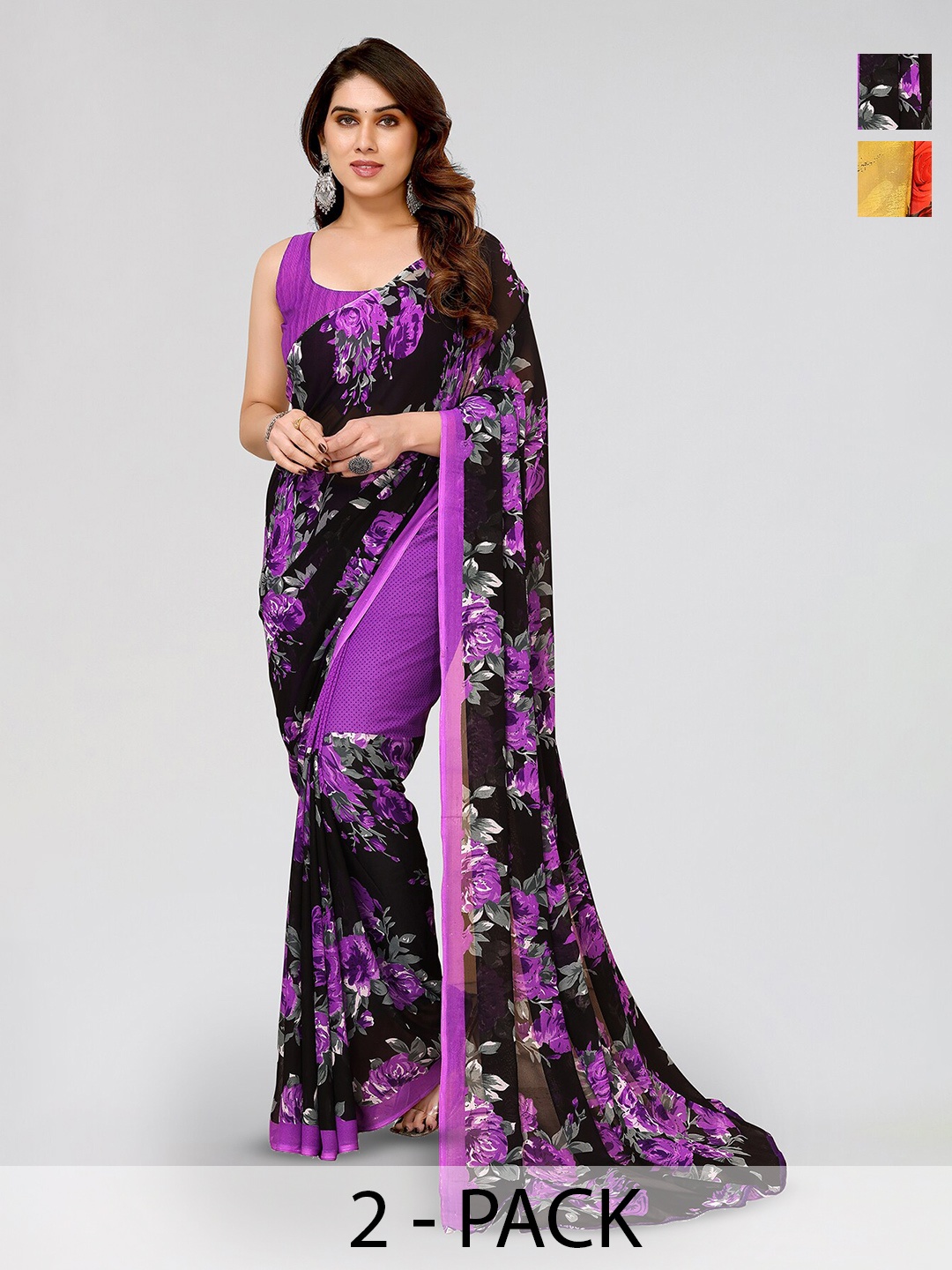 

ANAND SAREES Selection Of 2 Floral Sarees, Purple