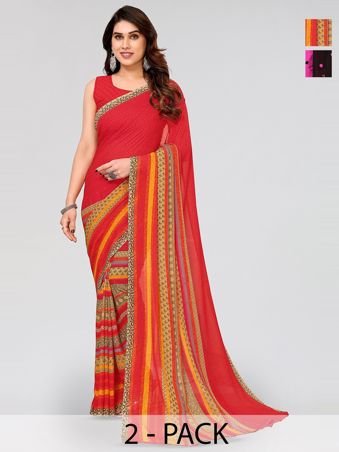 

ANAND SAREES Selection Of 2 Polka Dot Printed Georgette Saree, Black