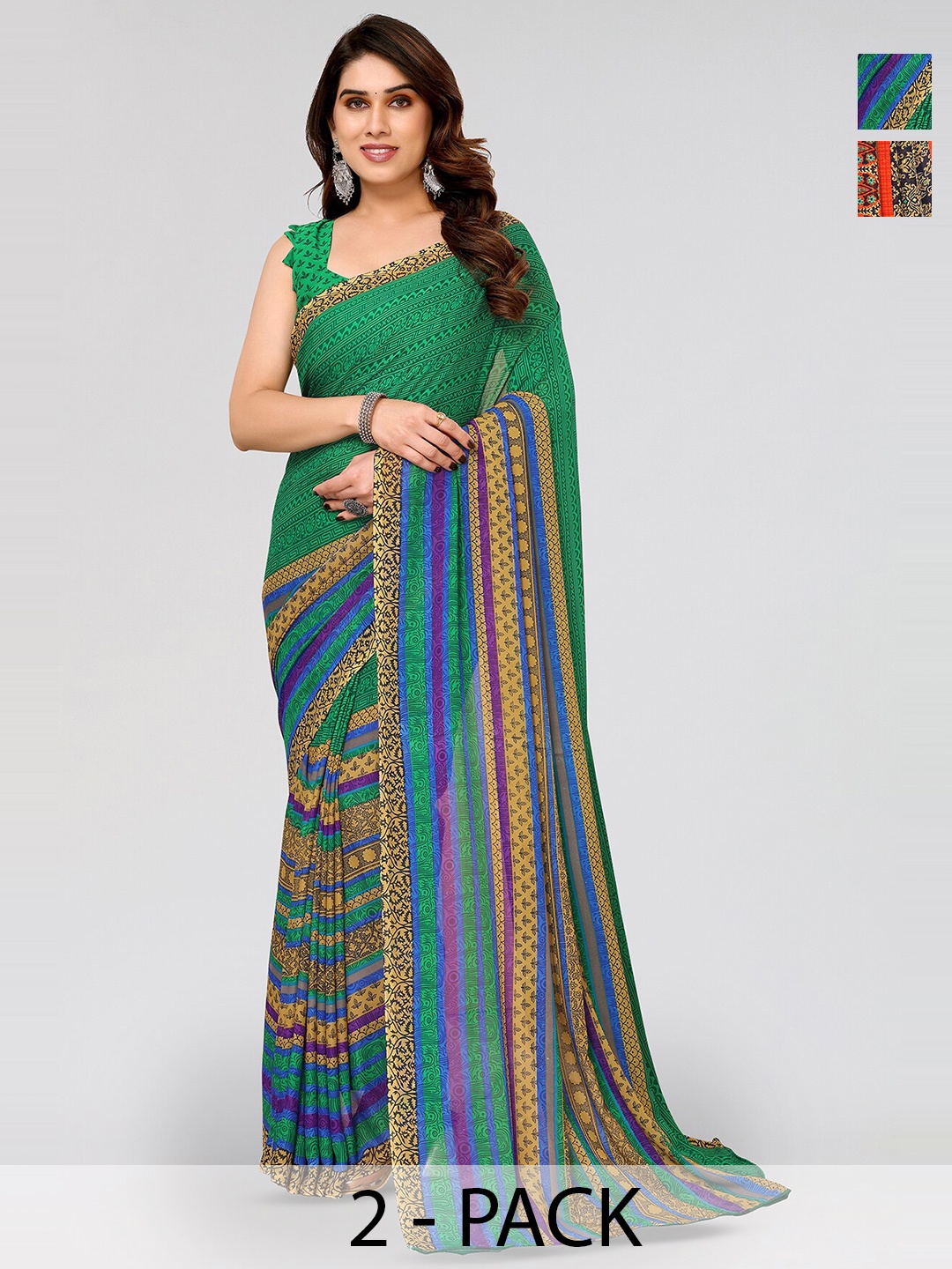 

ANAND SAREES Selection Of 2 Striped Printed Georgette Saree, Black