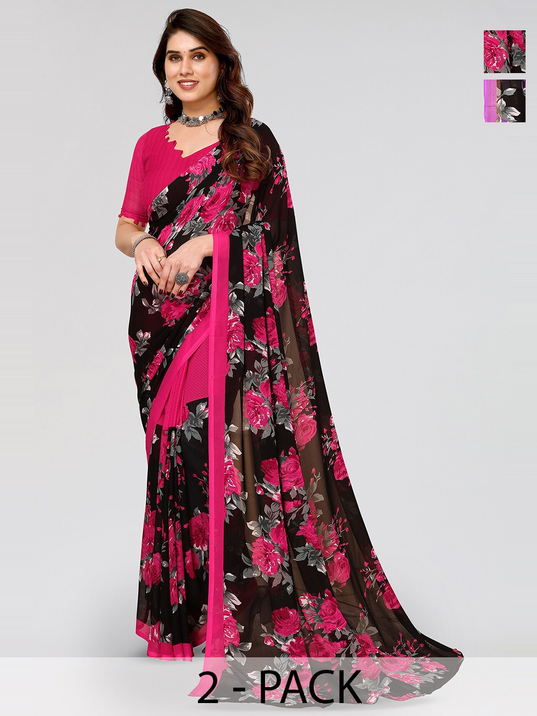 

ANAND SAREES Pack of 2 Floral Printed Saree, Fuchsia