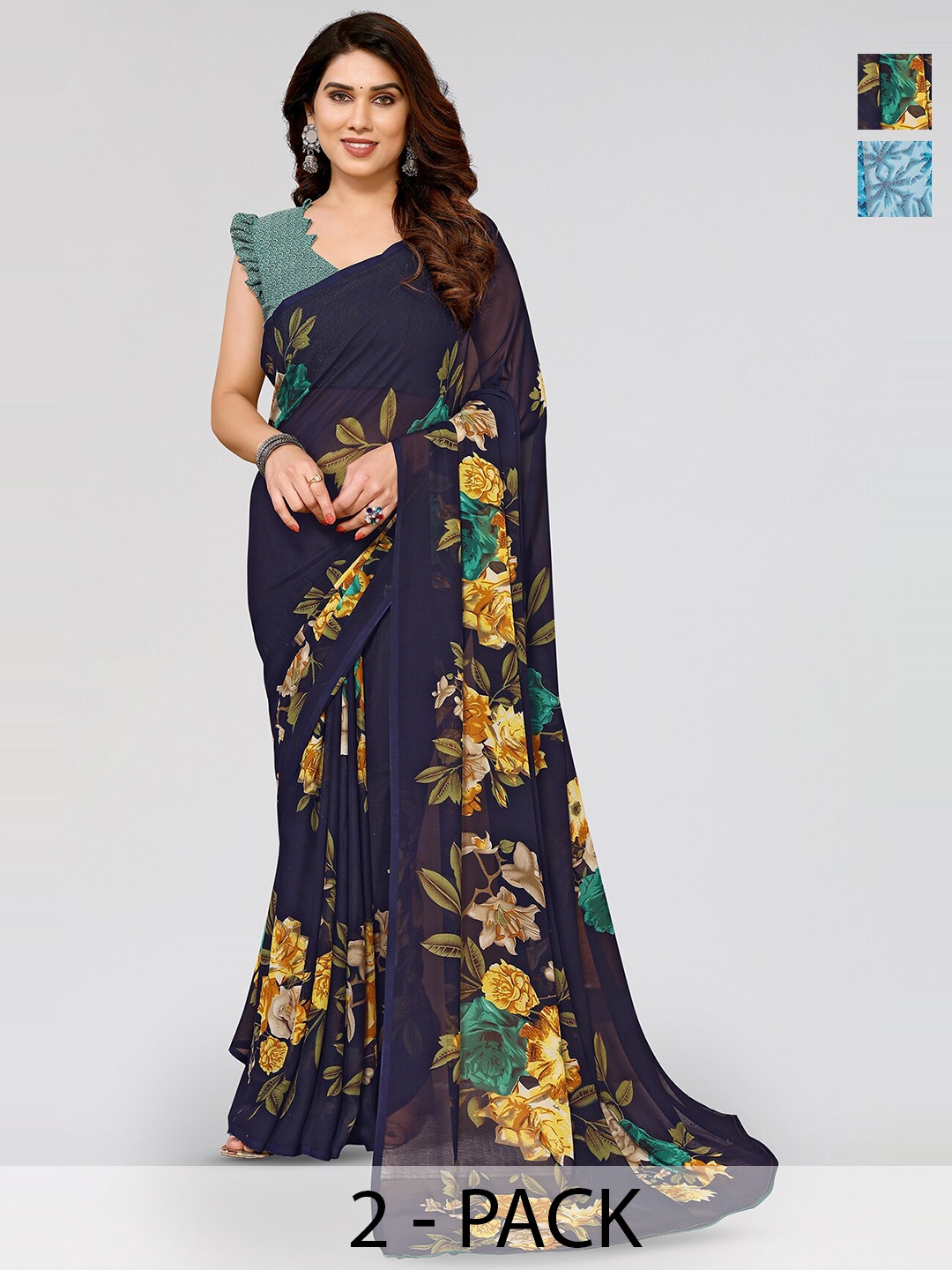 

ANAND SAREES Selection Of 2 Floral Printed Sarees, Blue