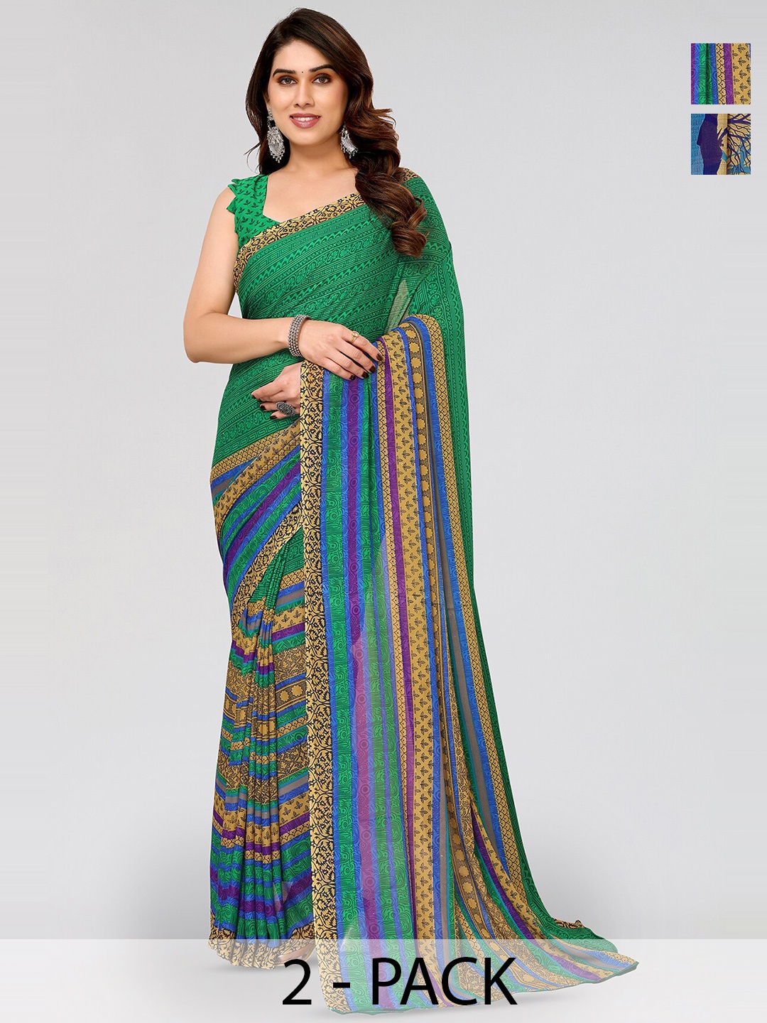 

ANAND SAREES Selection Of 2 Striped Printed Sarees, Green