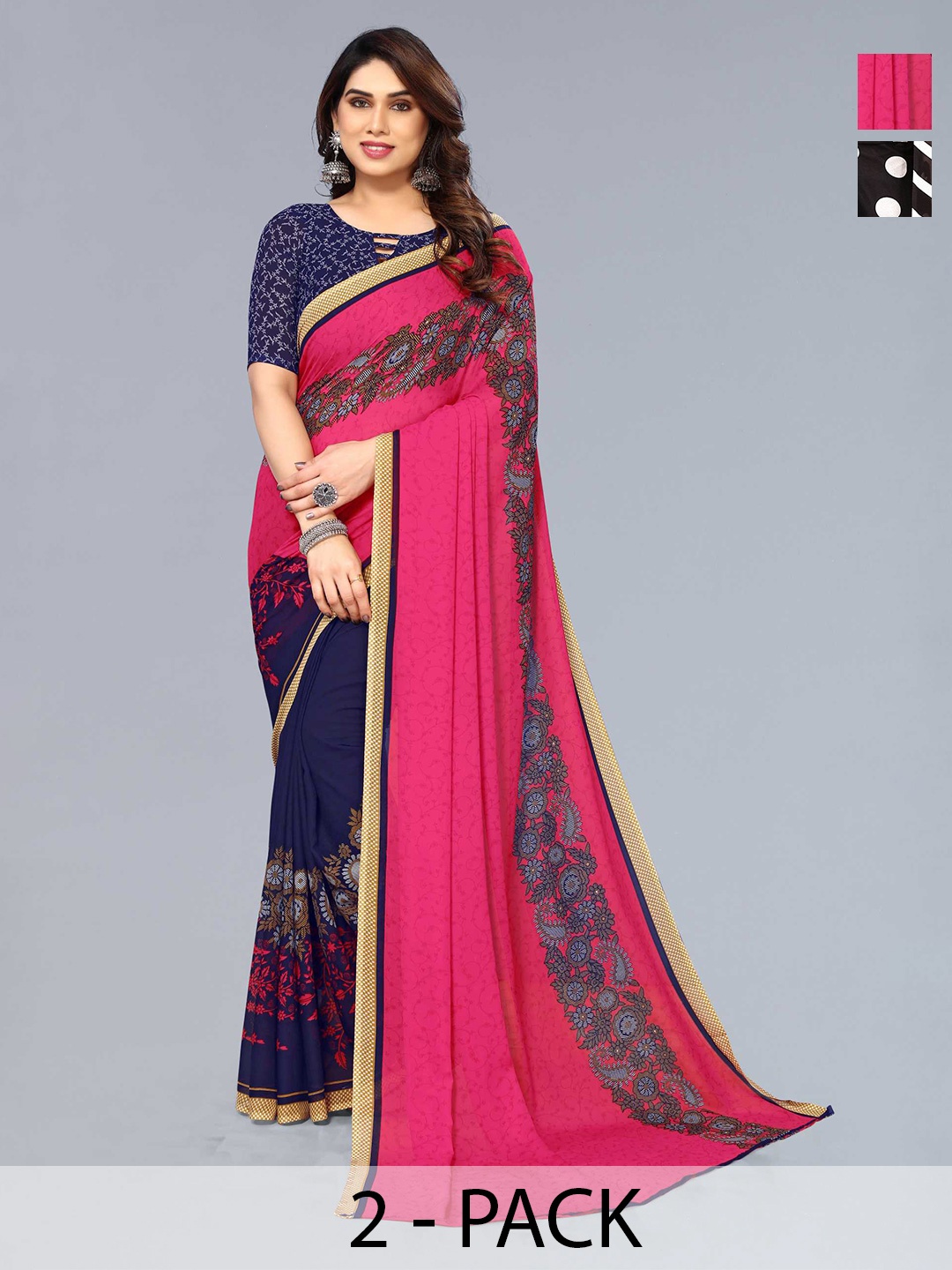 

ANAND SAREES Selection Of 2 Polka Dots Printed Sarees, Black