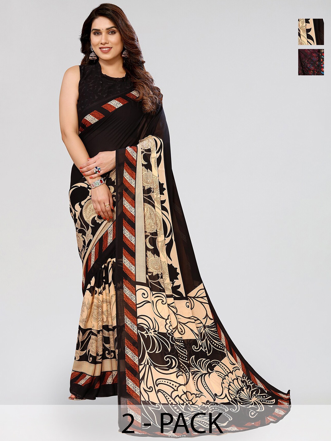 

ANAND SAREES Selection Of 2 Floral Printed Sarees, Maroon